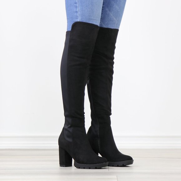 Shoes - Black Faux Suede Round Toe Thigh High Over The Knee Lug Block Heel Boots